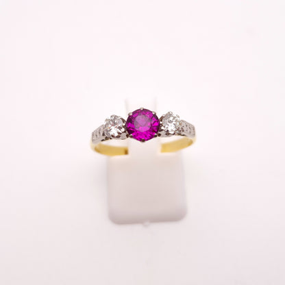 18ct Yellow Gold and Platinum Antique Ruby and Diamond Trilogy Three Stone Ring
