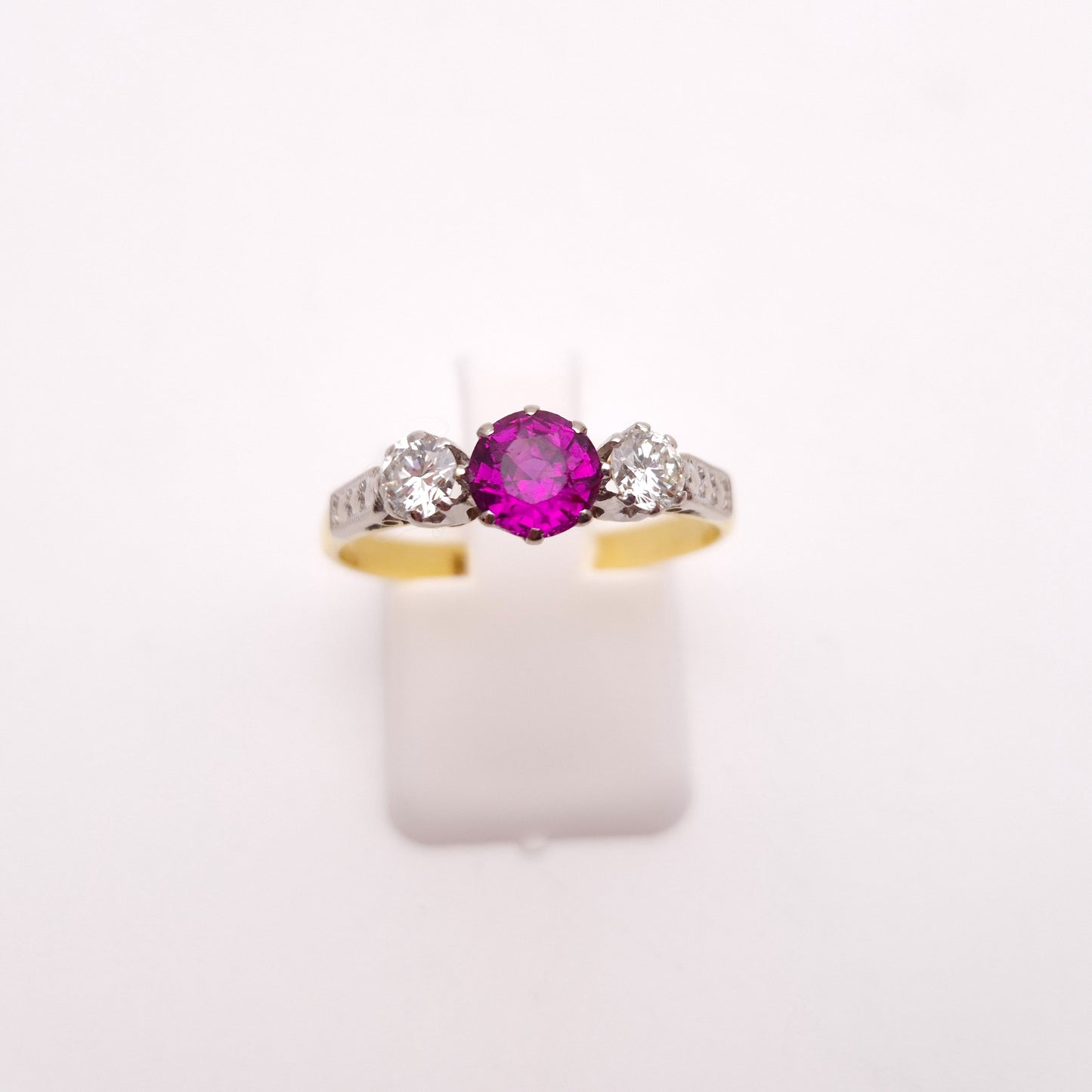 18ct Yellow Gold and Platinum Antique Ruby and Diamond Trilogy Three Stone Ring