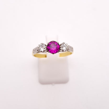18ct Yellow Gold and Platinum Antique Ruby and Diamond Trilogy Three Stone Ring