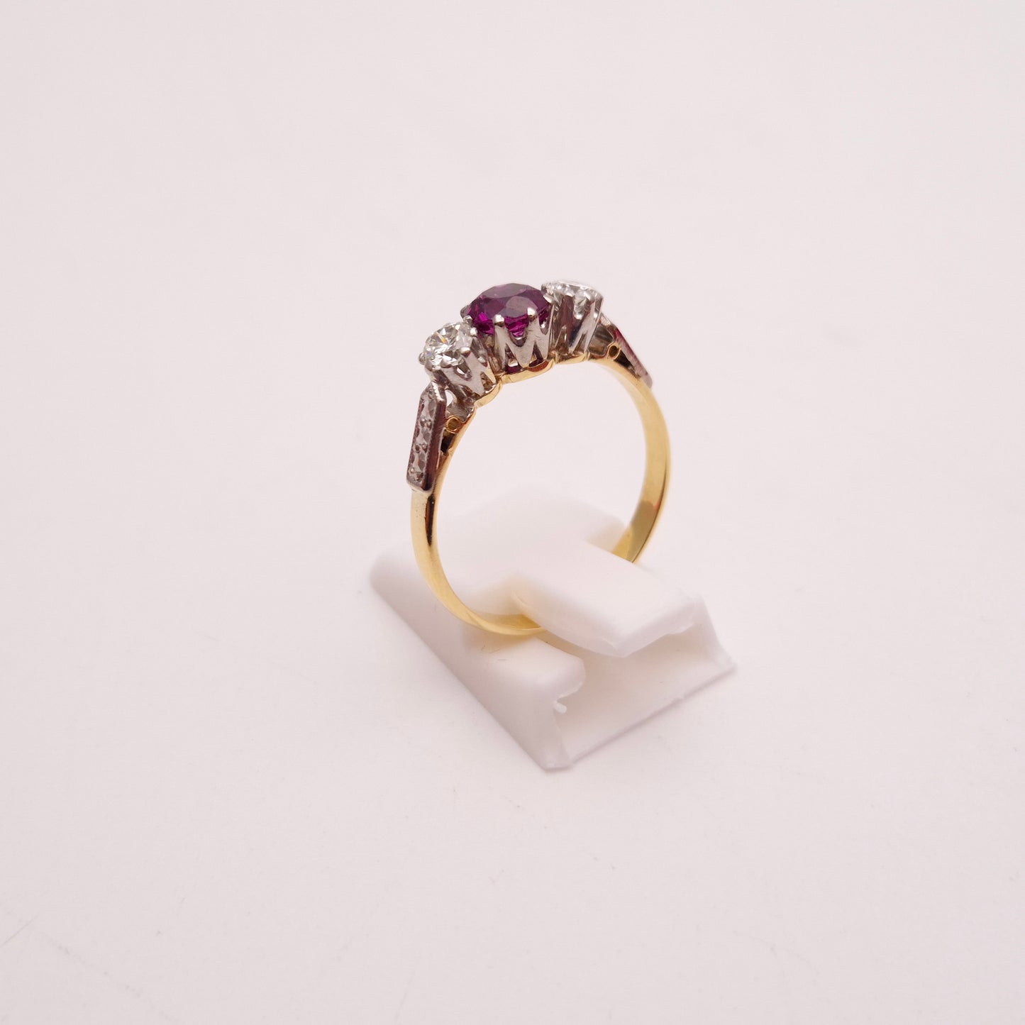 18ct Yellow Gold and Platinum Antique Ruby and Diamond Trilogy Three Stone Ring