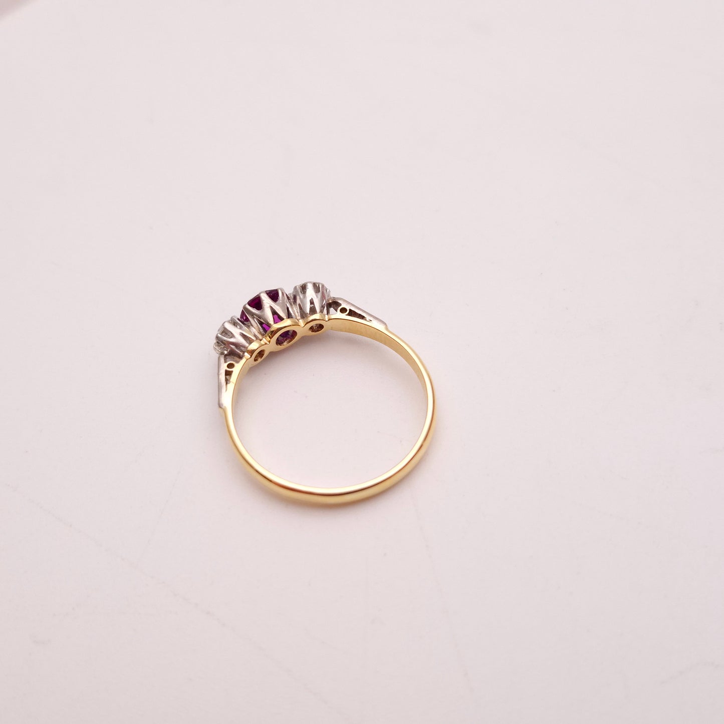 18ct Yellow Gold and Platinum Antique Ruby and Diamond Trilogy Three Stone Ring