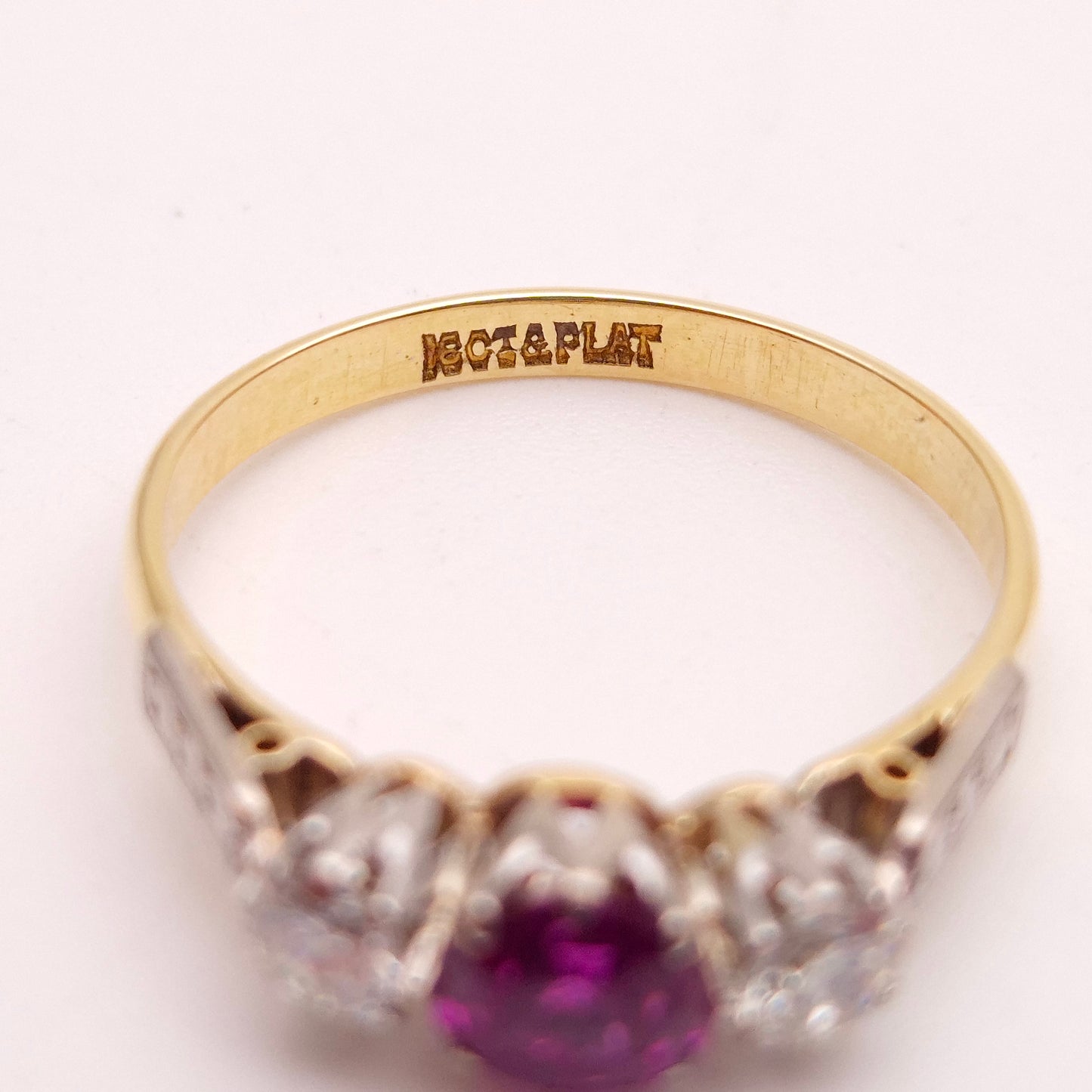 18ct Yellow Gold and Platinum Antique Ruby and Diamond Trilogy Three Stone Ring