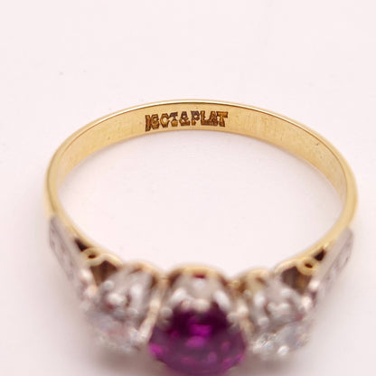 18ct Yellow Gold and Platinum Antique Ruby and Diamond Trilogy Three Stone Ring