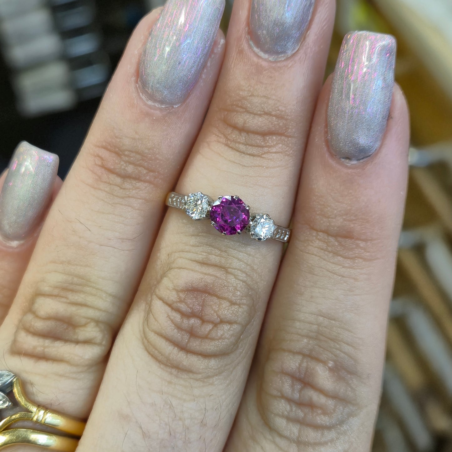 18ct Yellow Gold and Platinum Antique Ruby and Diamond Trilogy Three Stone Ring