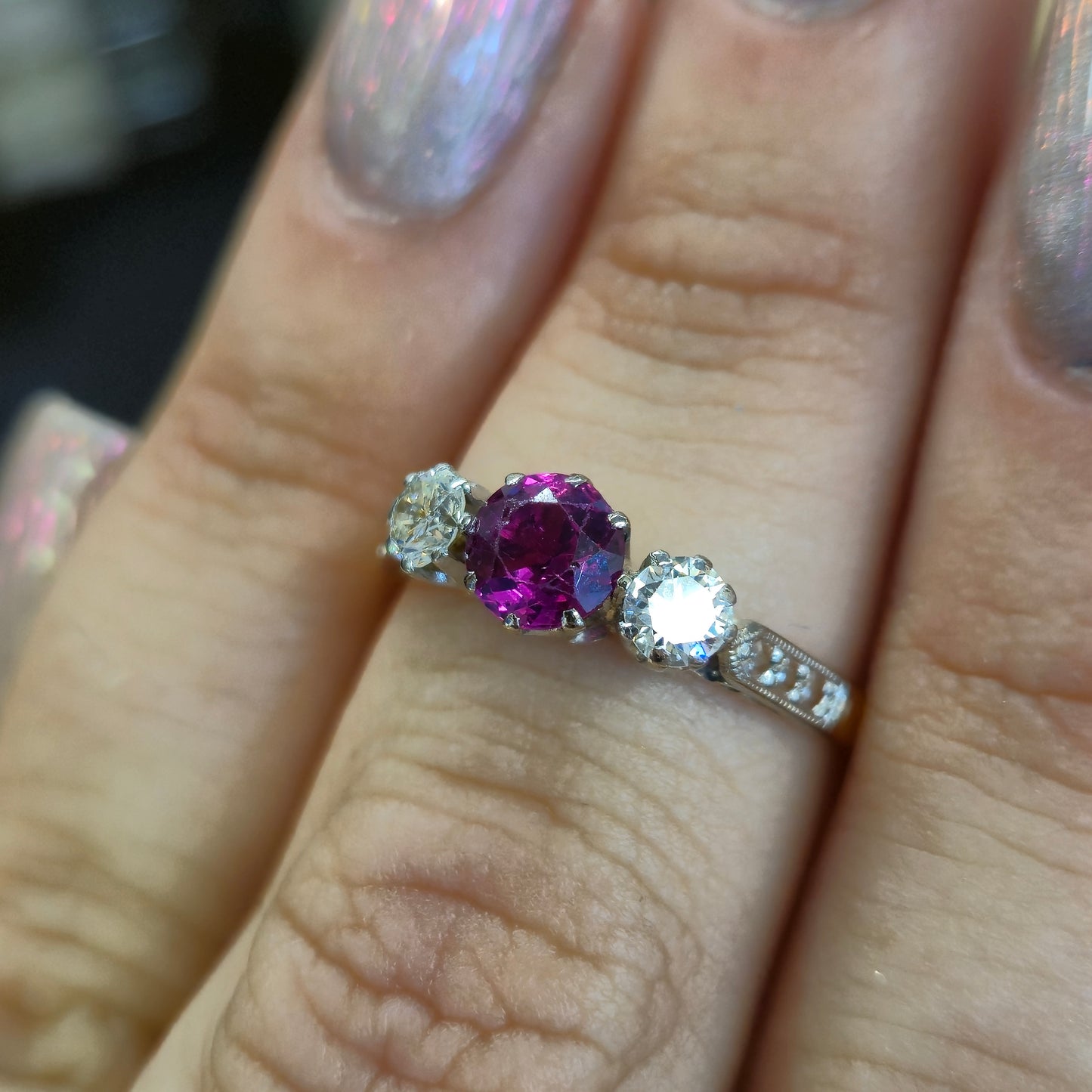 18ct Yellow Gold and Platinum Antique Ruby and Diamond Trilogy Three Stone Ring