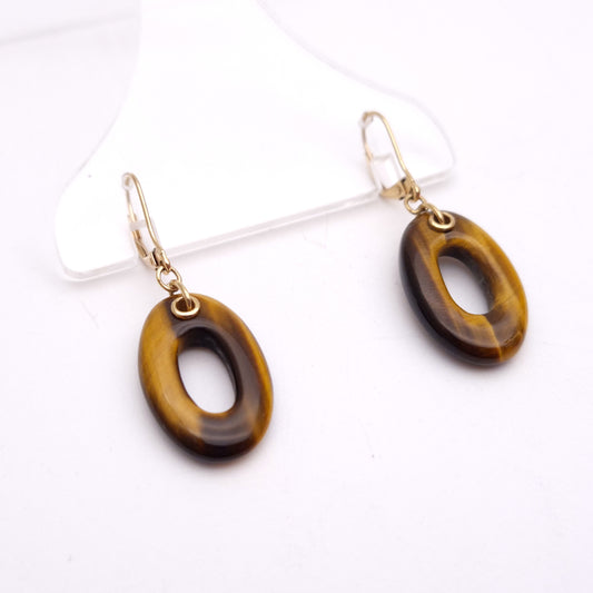 9ct Yellow Gold Tigers Eye Oval Torus ( Donut / Doughnut) Drop Earrings