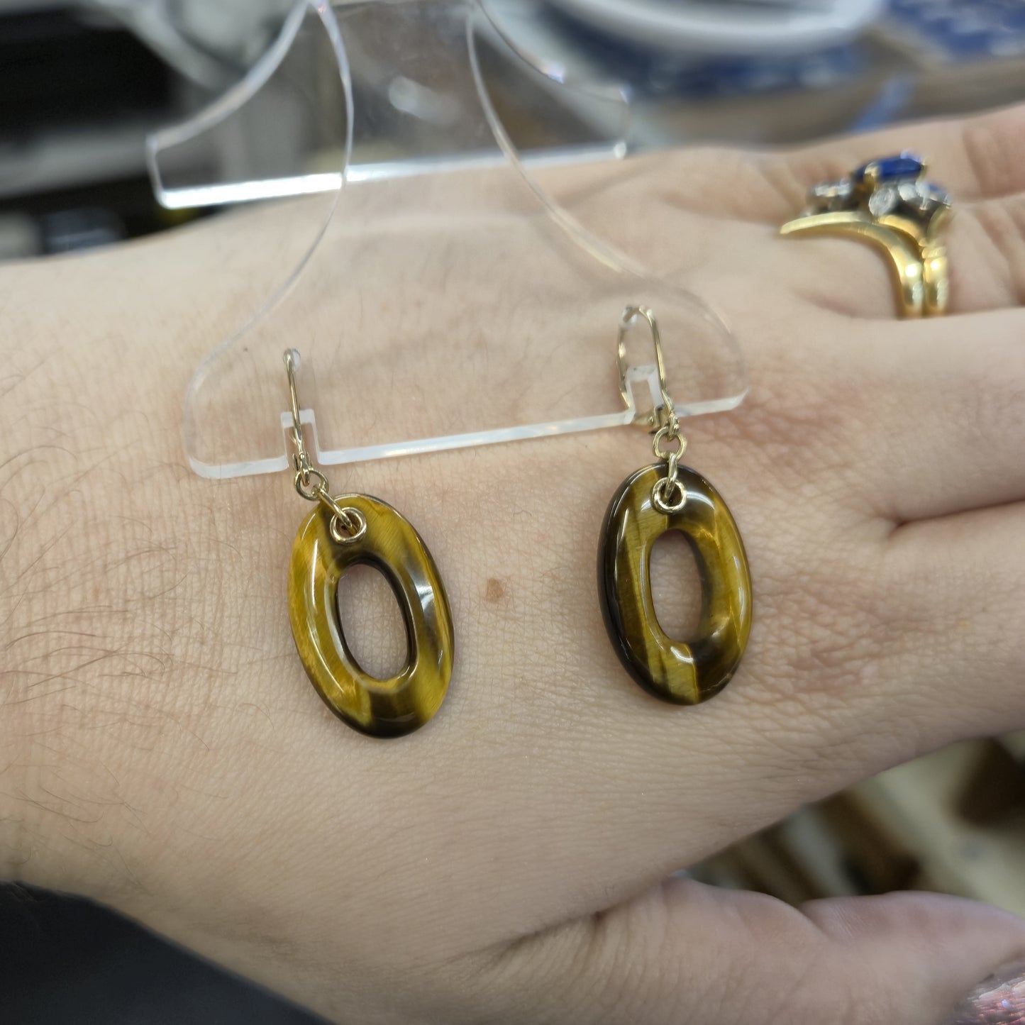 9ct Yellow Gold Tigers Eye Oval Torus ( Donut / Doughnut) Drop Earrings