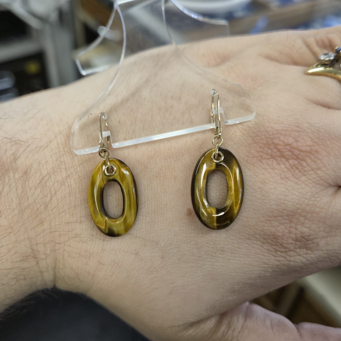 9ct Yellow Gold Tigers Eye Oval Torus ( Donut / Doughnut) Drop Earrings