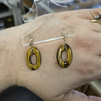 9ct Yellow Gold Tigers Eye Oval Torus ( Donut / Doughnut) Drop Earrings