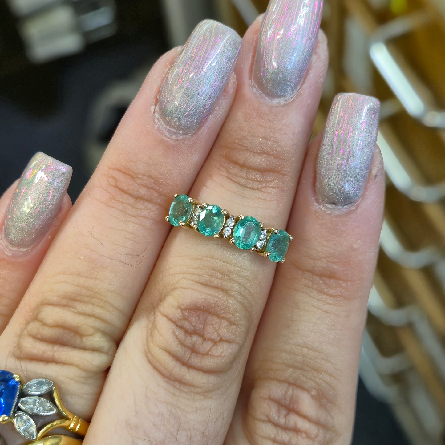 9ct Yellow Gold Emerald and Diamond 1/2 Eternity Row Ring
