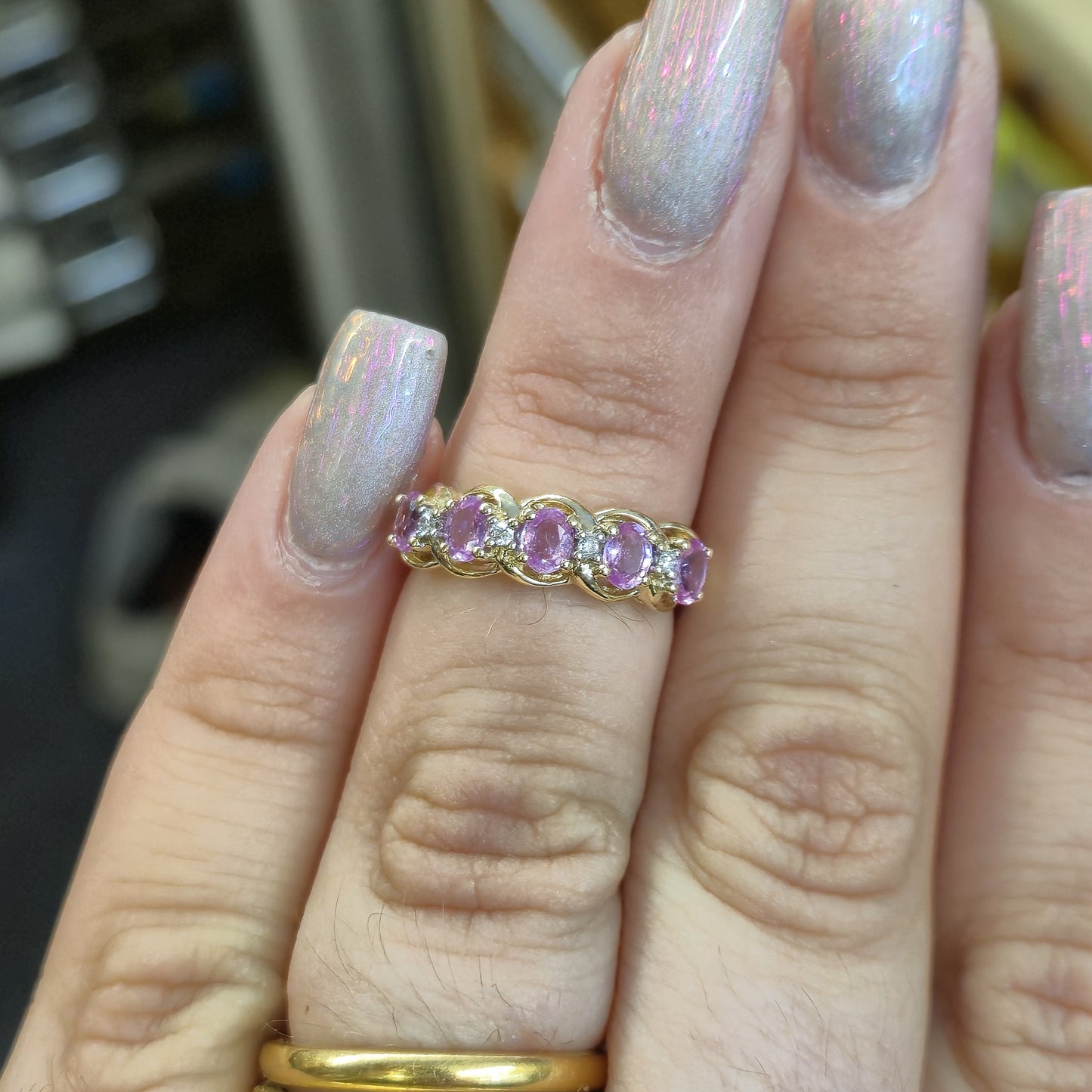 9ct Yellow Gold Pink Sapphire and Diamond 1/2 Eternity Row Ring