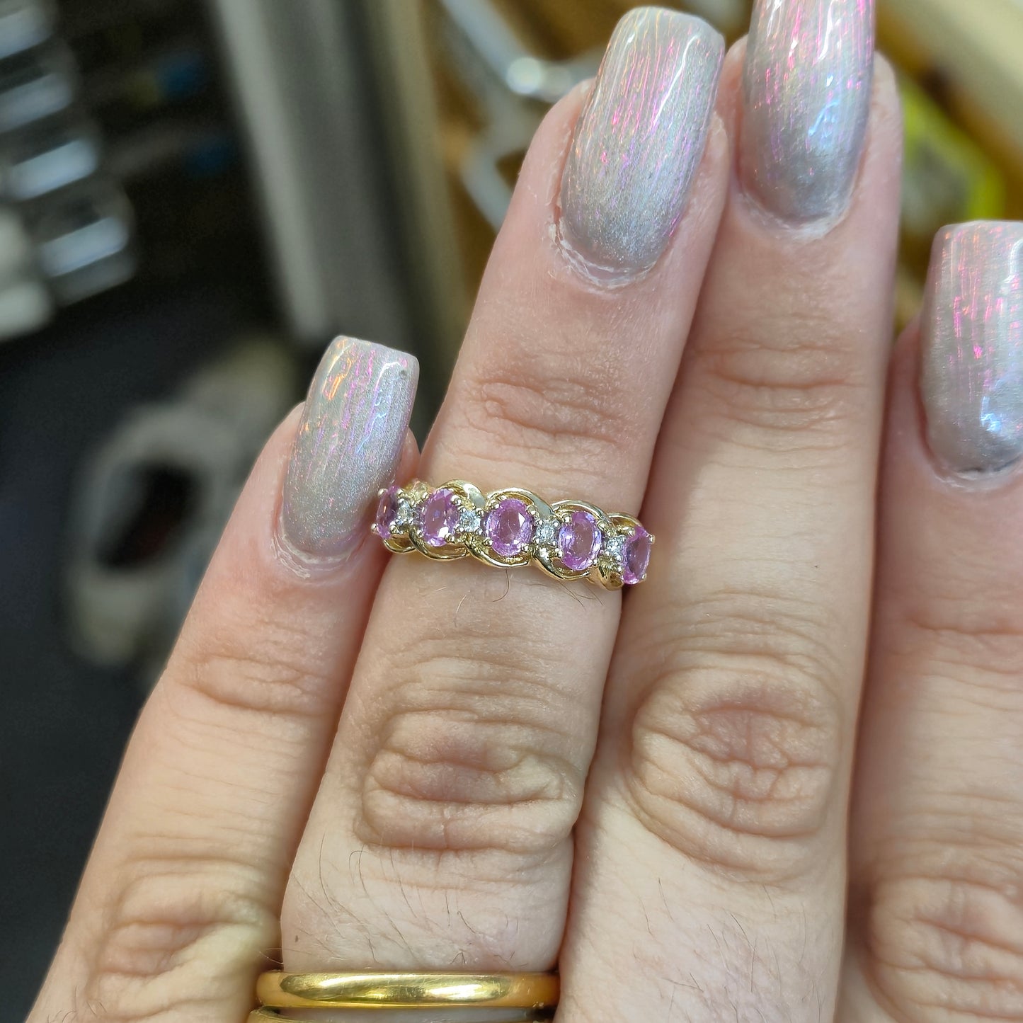 9ct Yellow Gold Pink Sapphire and Diamond 1/2 Eternity Row Ring