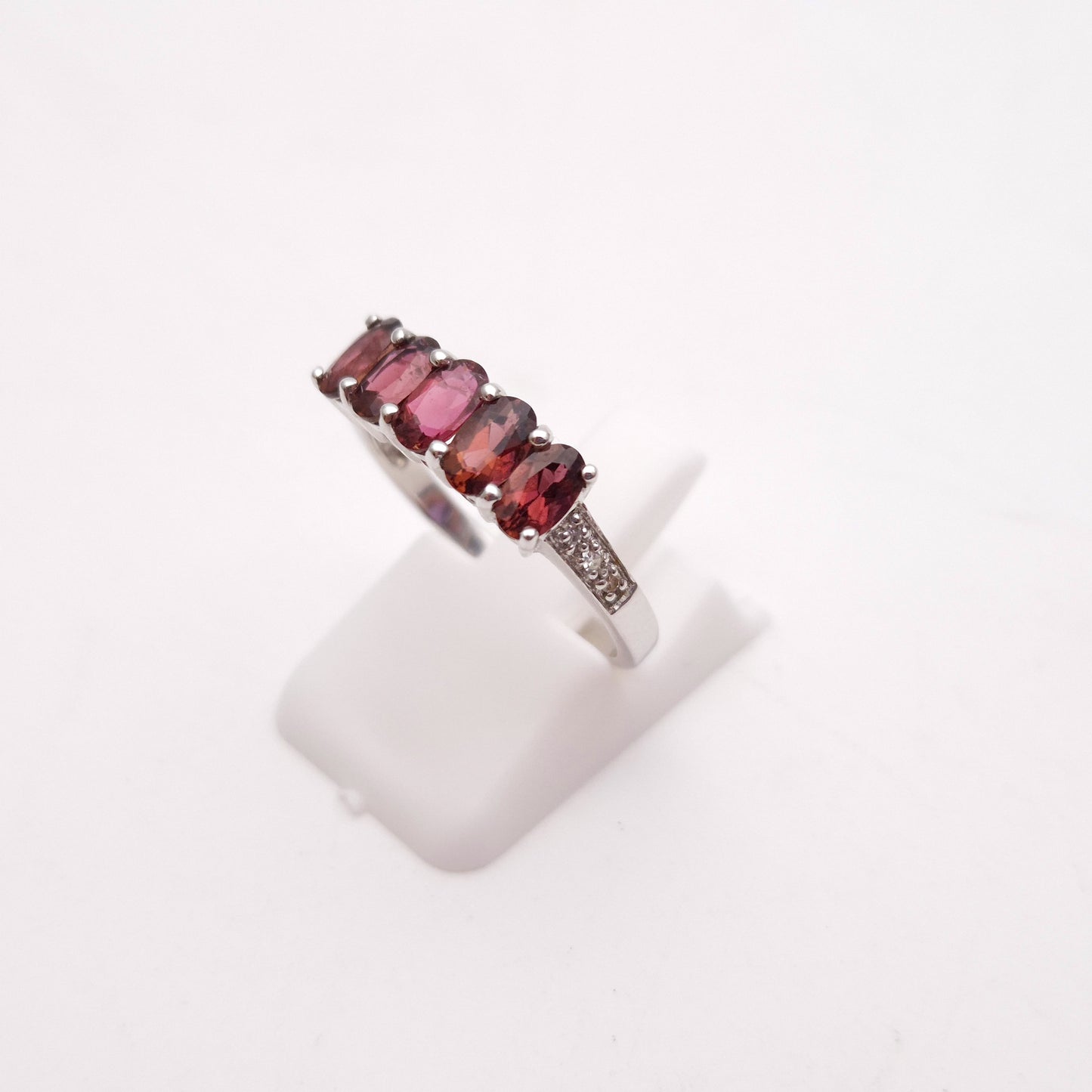 9ct White Gold Pink Tourmaline and Diamond Row Ring