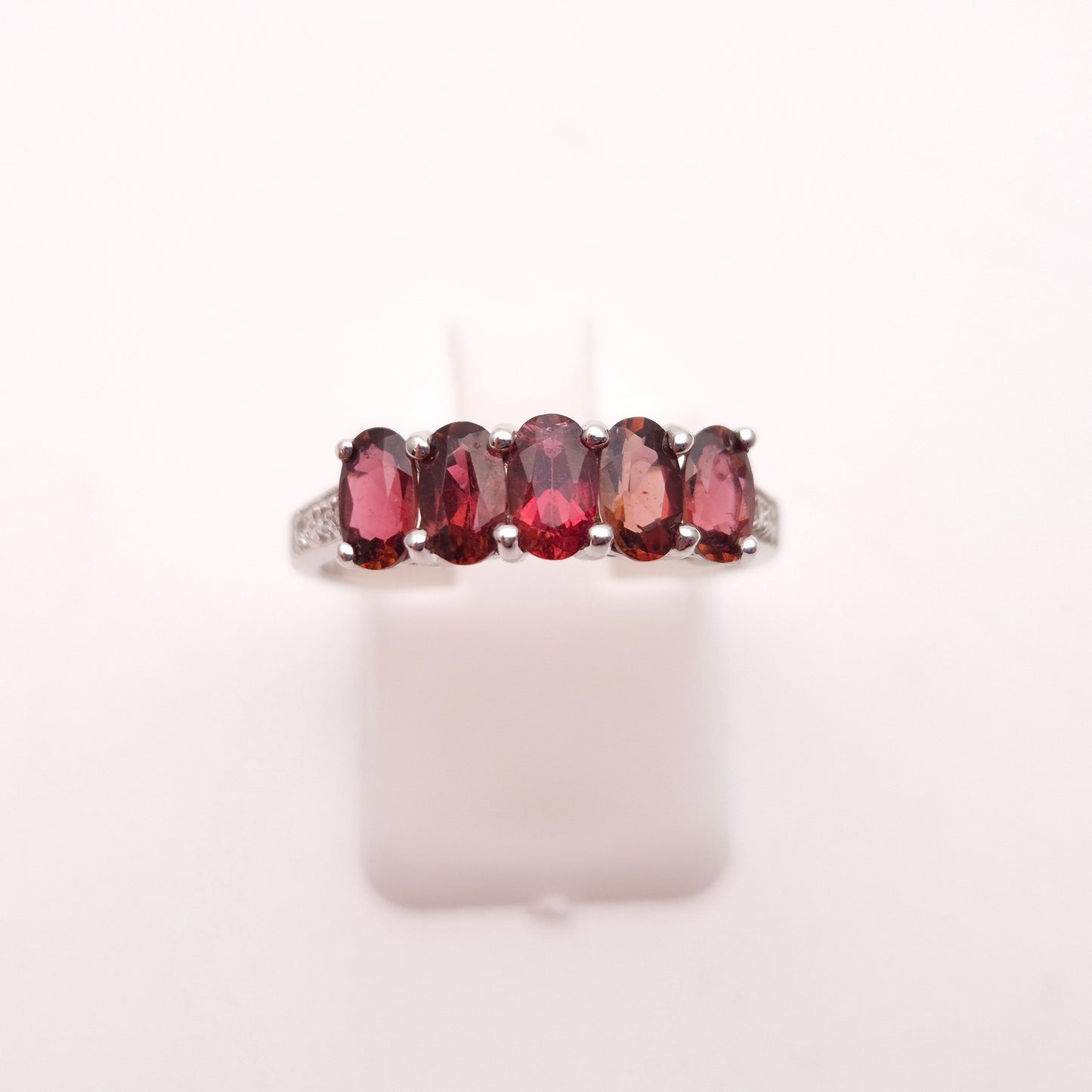 9ct White Gold Pink Tourmaline and Diamond Row Ring