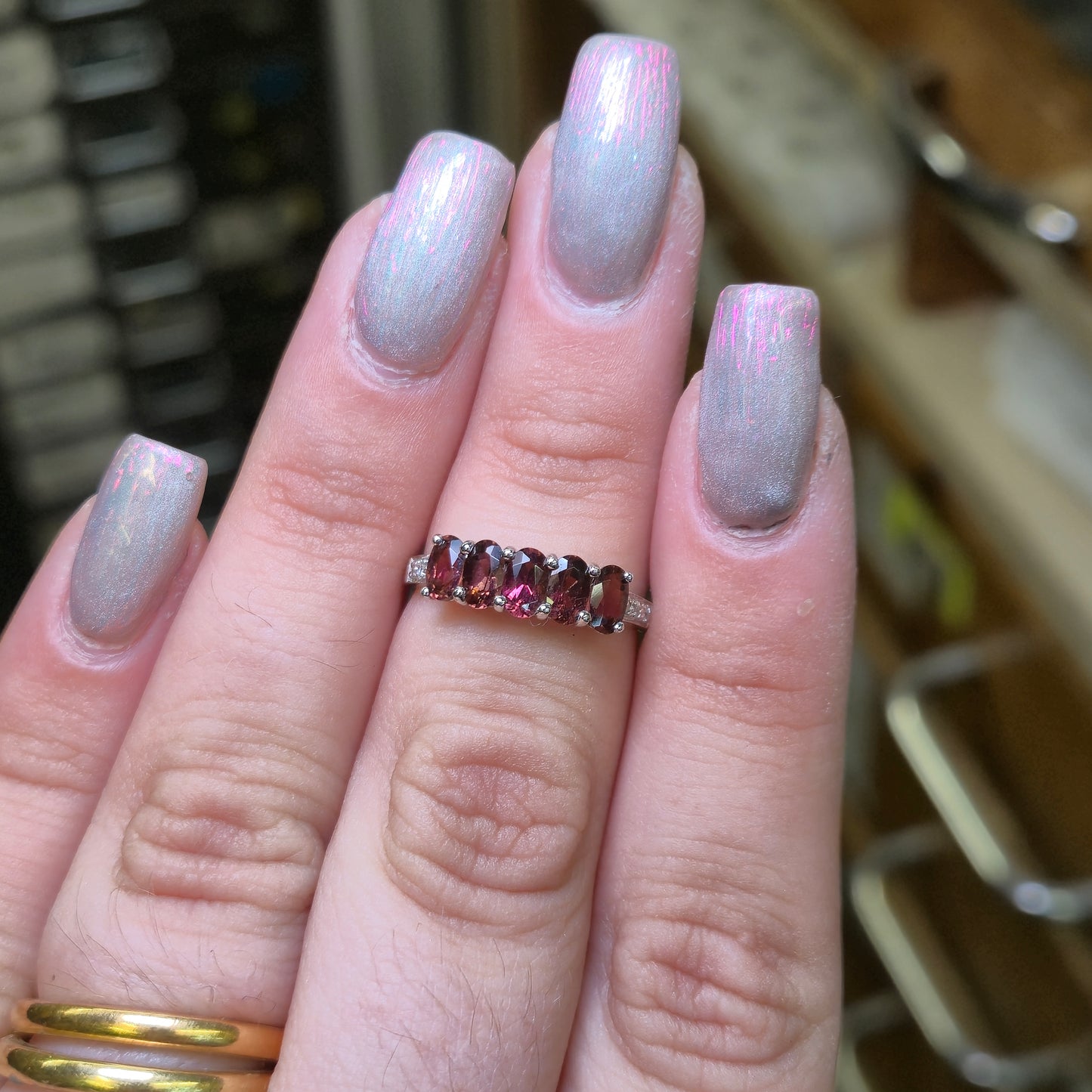 9ct White Gold Pink Tourmaline and Diamond Row Ring