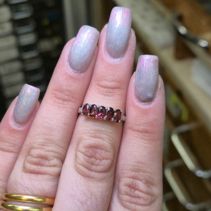 9ct White Gold Pink Tourmaline and Diamond Row Ring