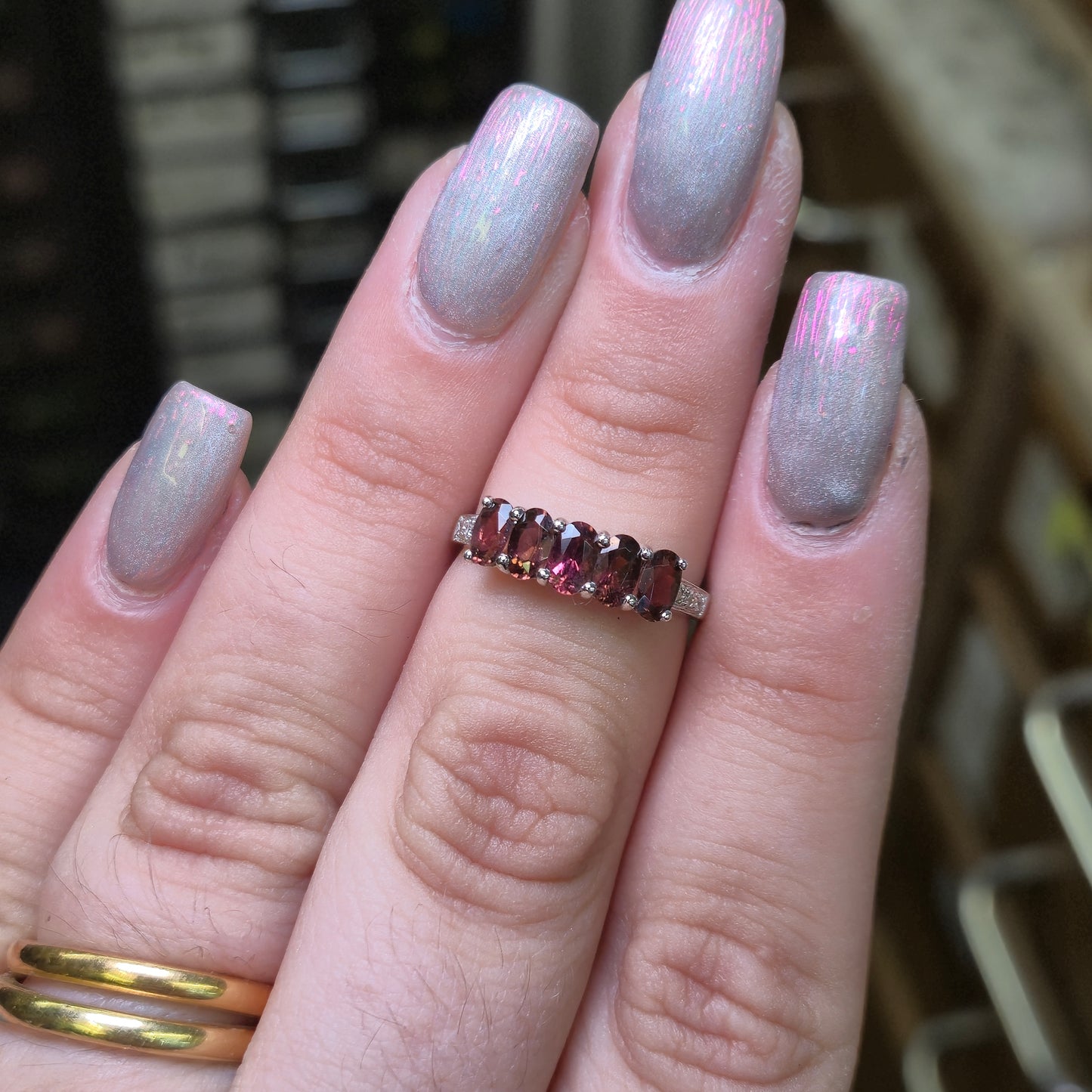 9ct White Gold Pink Tourmaline and Diamond Row Ring