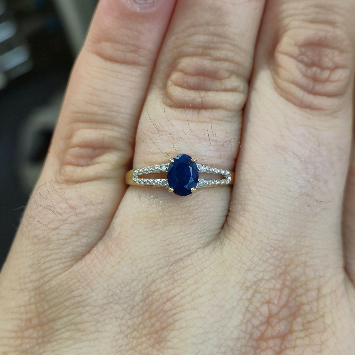 9ct Yellow Gold Sapphire and Diamond Split Shoulder Ring
