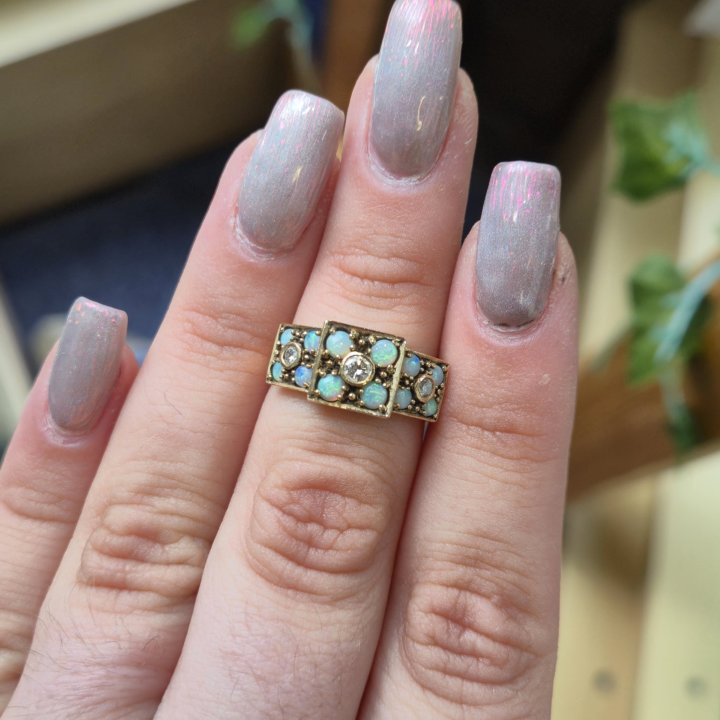 9ct Yellow Gold Antique Multi-Stone Opal and Diamond Ring