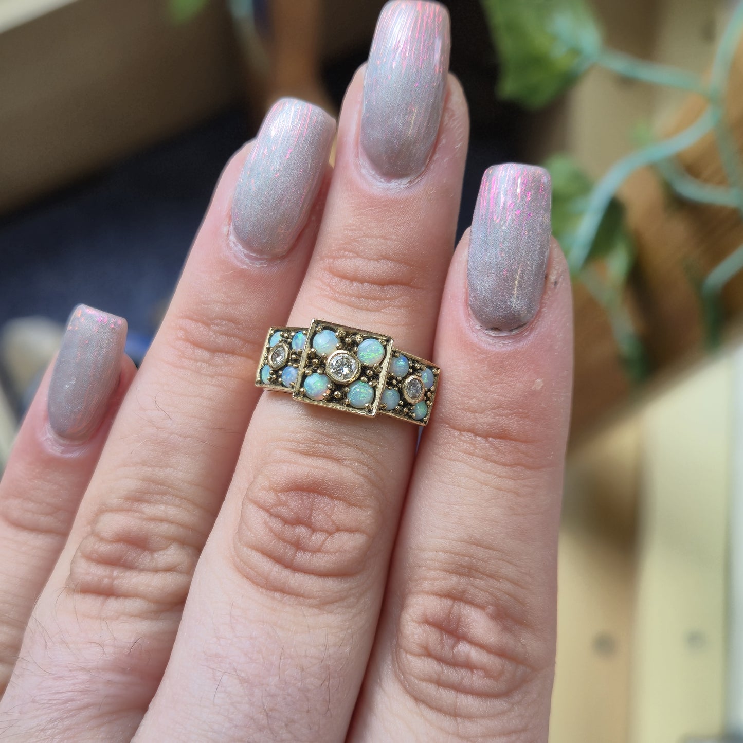 9ct Yellow Gold Antique Multi-Stone Opal and Diamond Ring