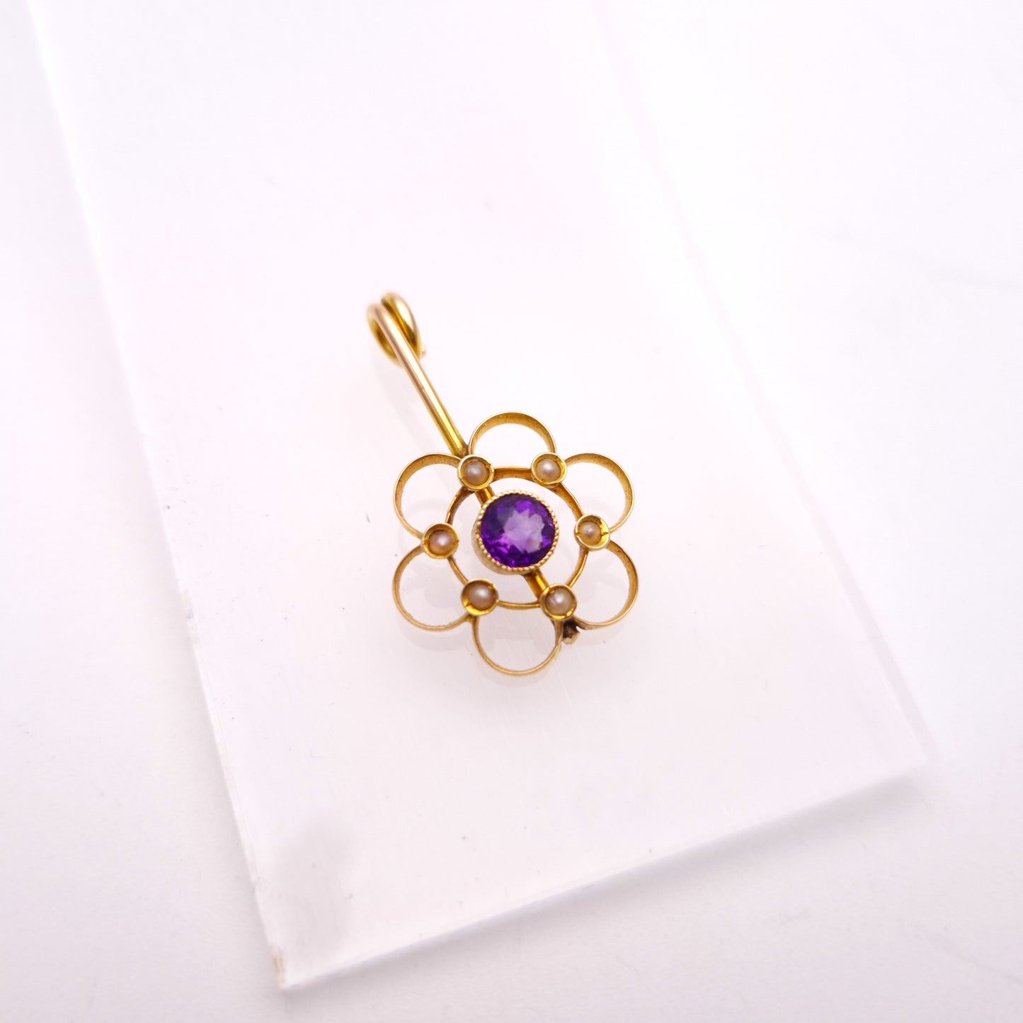 9ct Yellow Gold Amethyst and Seed Pearl Floral Drop Pendant Piece