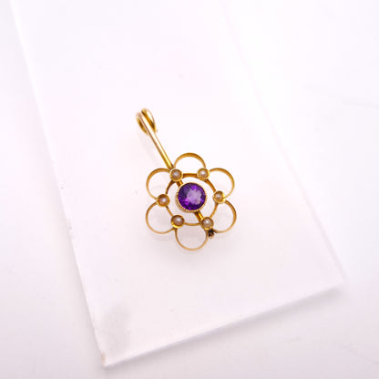9ct Yellow Gold Amethyst and Seed Pearl Floral Drop Pendant Piece