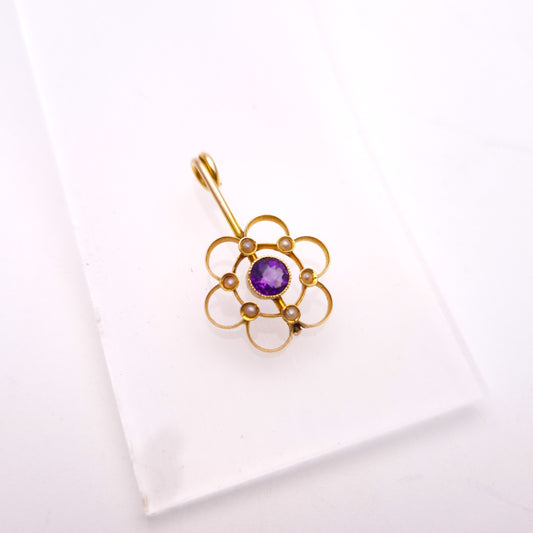 9ct Yellow Gold Amethyst and Seed Pearl Floral Drop Pendant Piece