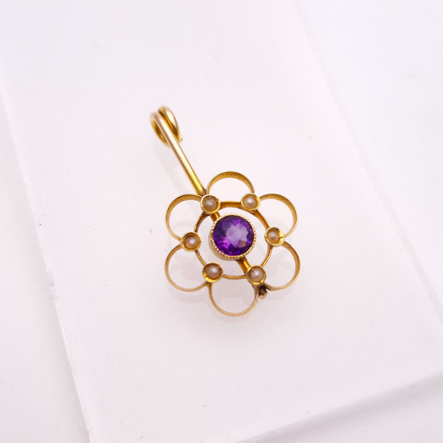 9ct Yellow Gold Amethyst and Seed Pearl Floral Drop Pendant Piece