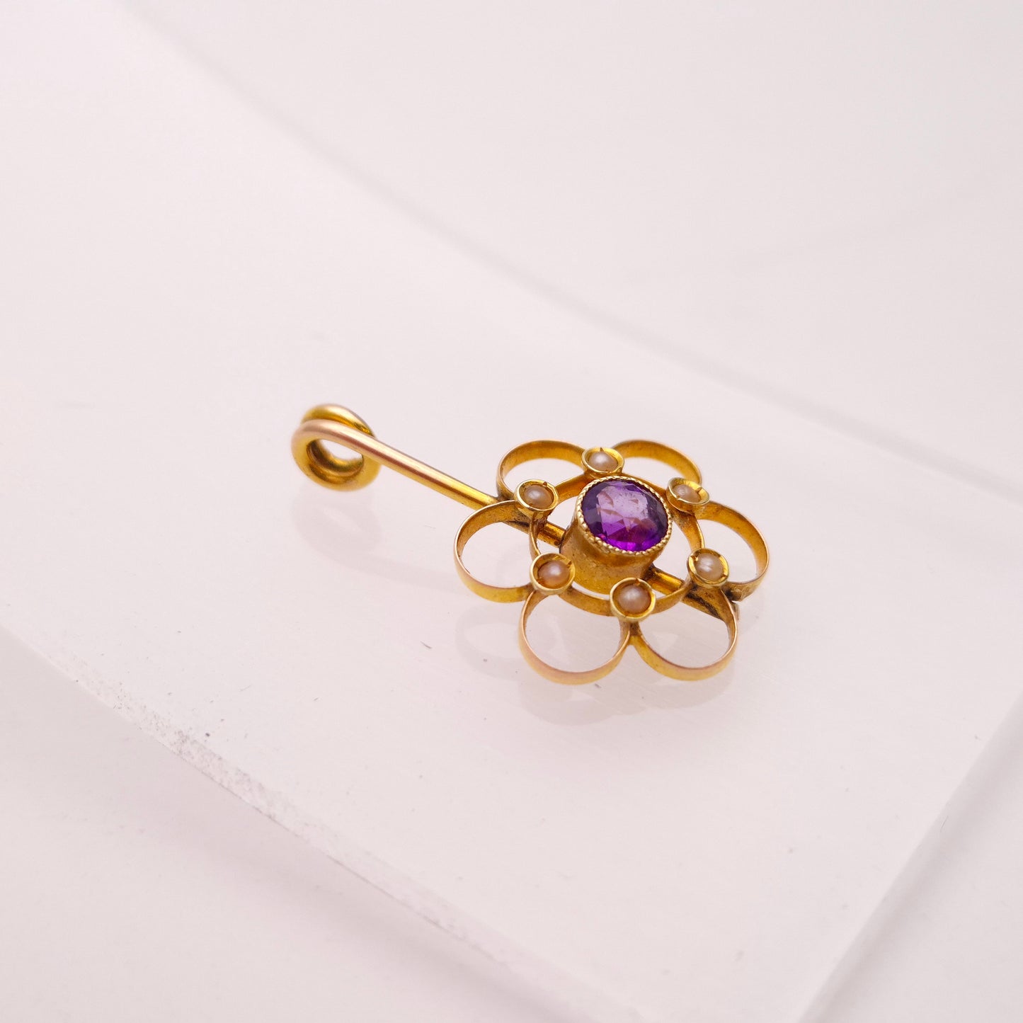 9ct Yellow Gold Amethyst and Seed Pearl Floral Drop Pendant Piece