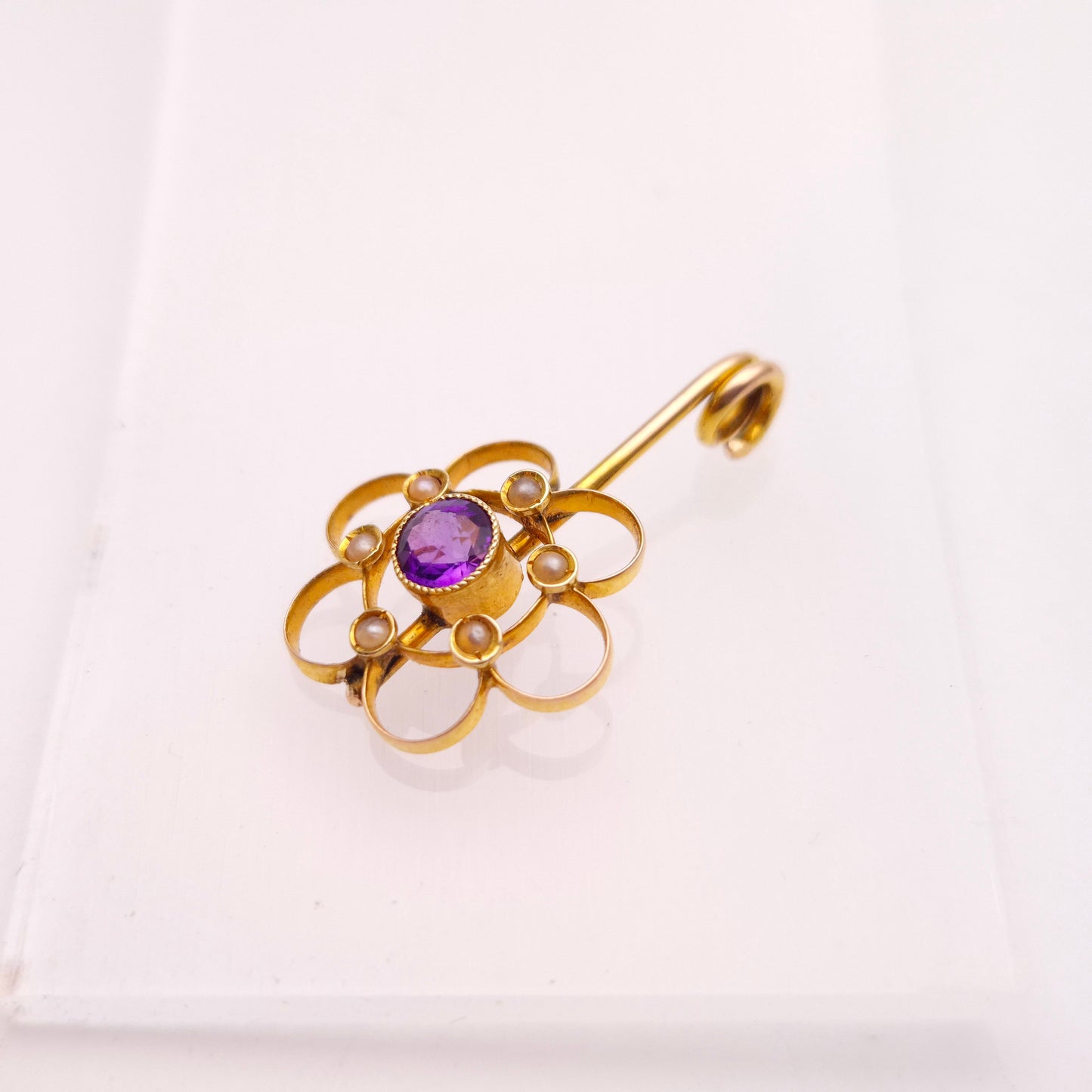 9ct Yellow Gold Amethyst and Seed Pearl Floral Drop Pendant Piece