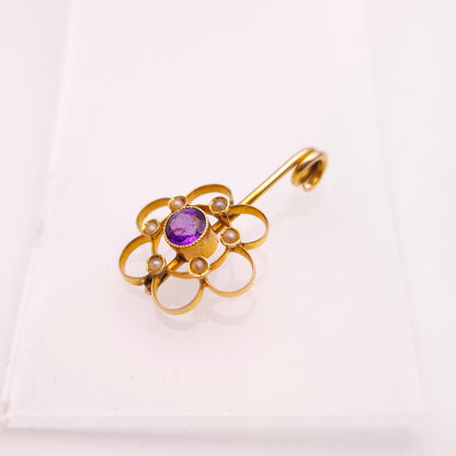 9ct Yellow Gold Amethyst and Seed Pearl Floral Drop Pendant Piece