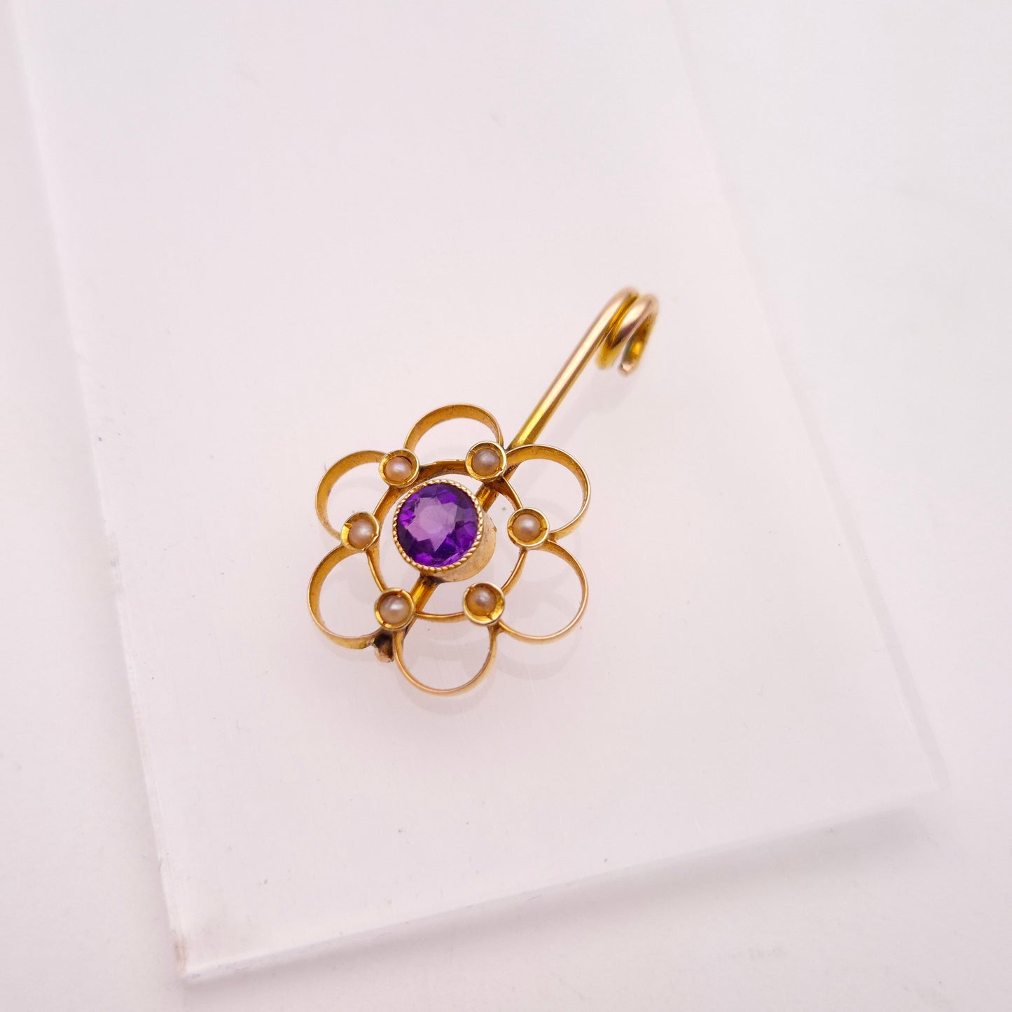 9ct Yellow Gold Amethyst and Seed Pearl Floral Drop Pendant Piece