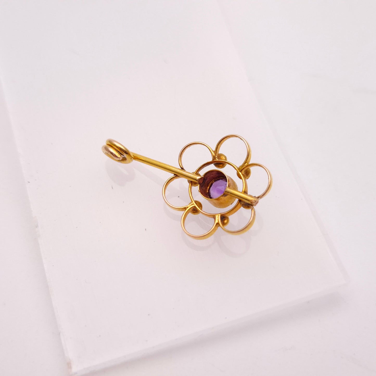 9ct Yellow Gold Amethyst and Seed Pearl Floral Drop Pendant Piece