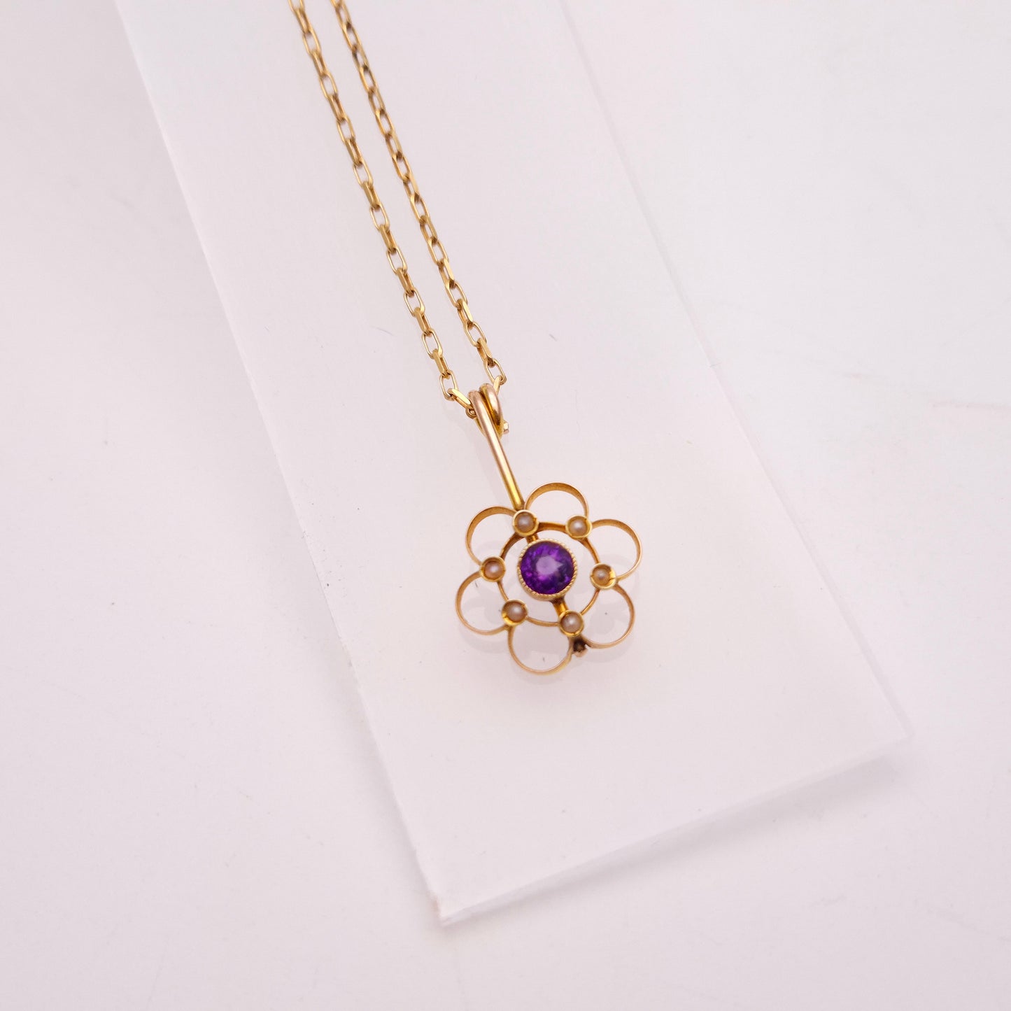 9ct Yellow Gold Amethyst and Seed Pearl Floral Drop Pendant Piece
