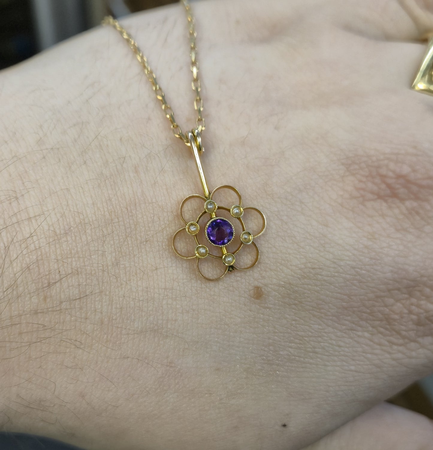 9ct Yellow Gold Amethyst and Seed Pearl Floral Drop Pendant Piece
