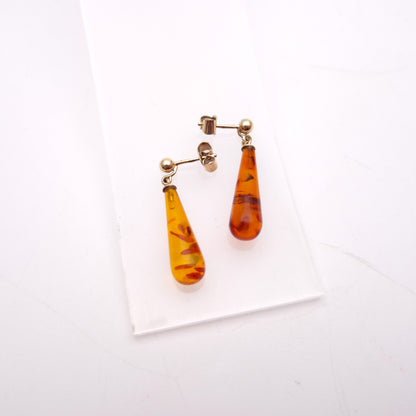 9ct Yellow Gold Teardrop Amber Drop Earrings
