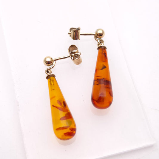9ct Yellow Gold Teardrop Amber Drop Earrings