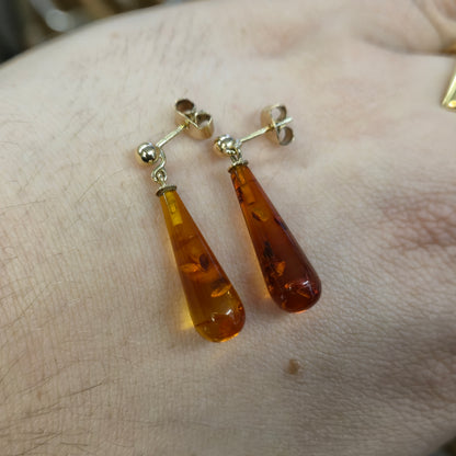 9ct Yellow Gold Teardrop Amber Drop Earrings