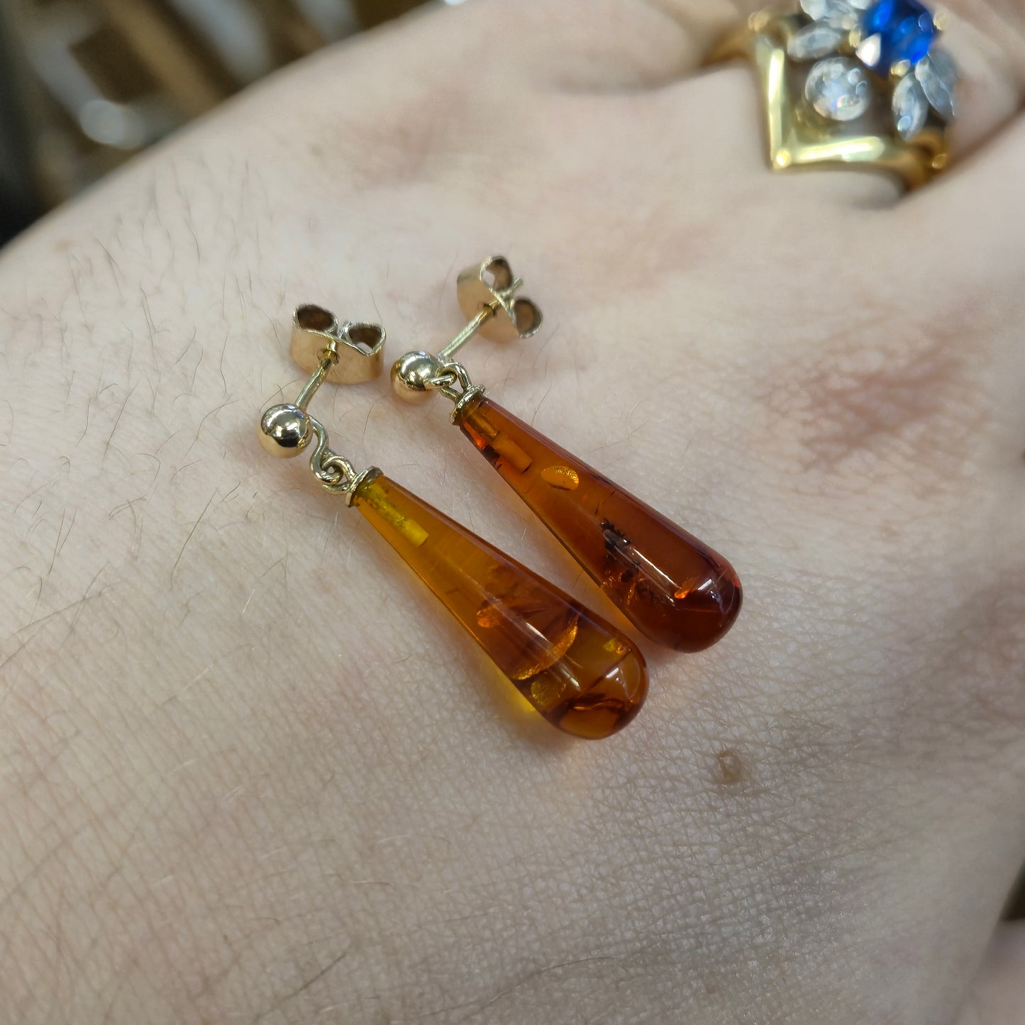 9ct Yellow Gold Teardrop Amber Drop Earrings