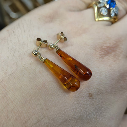 9ct Yellow Gold Teardrop Amber Drop Earrings
