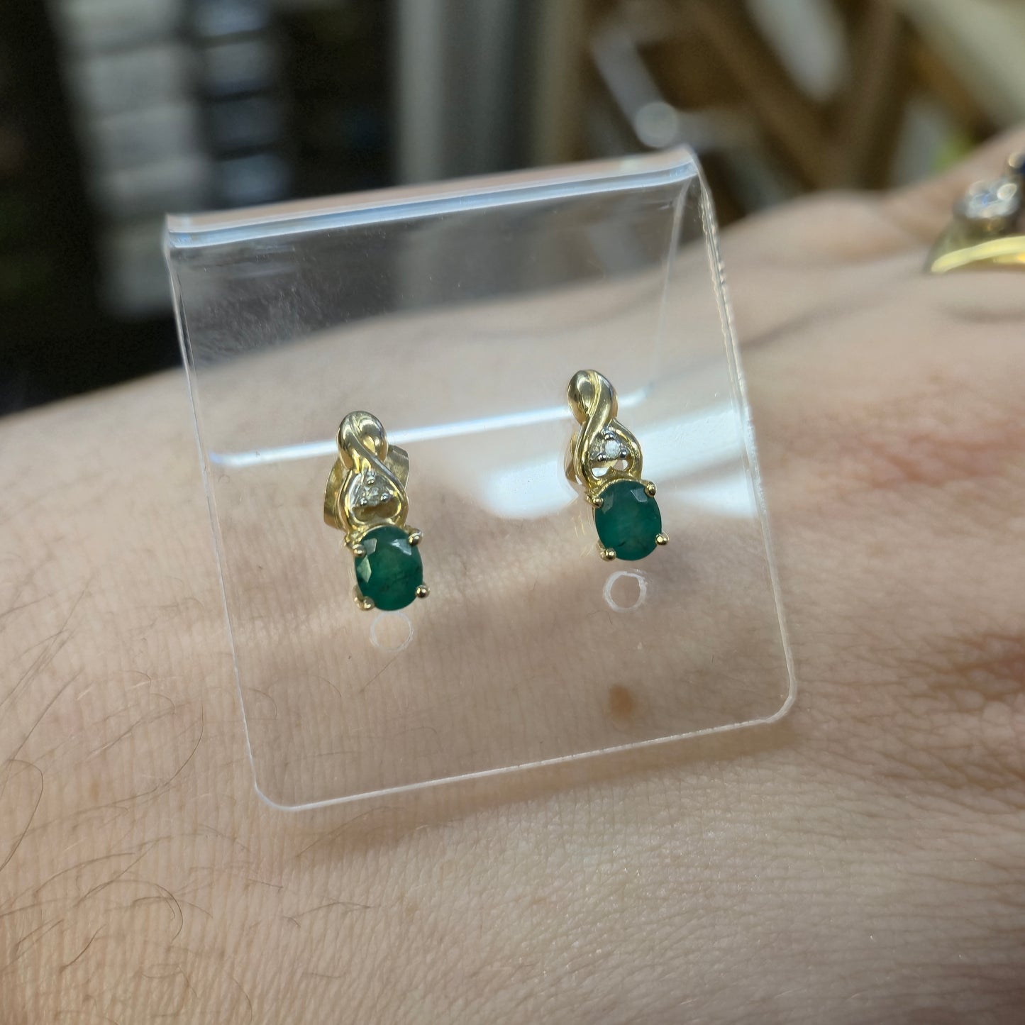 9ct Yellow Gold Emerald and Diamond Stud Earrings