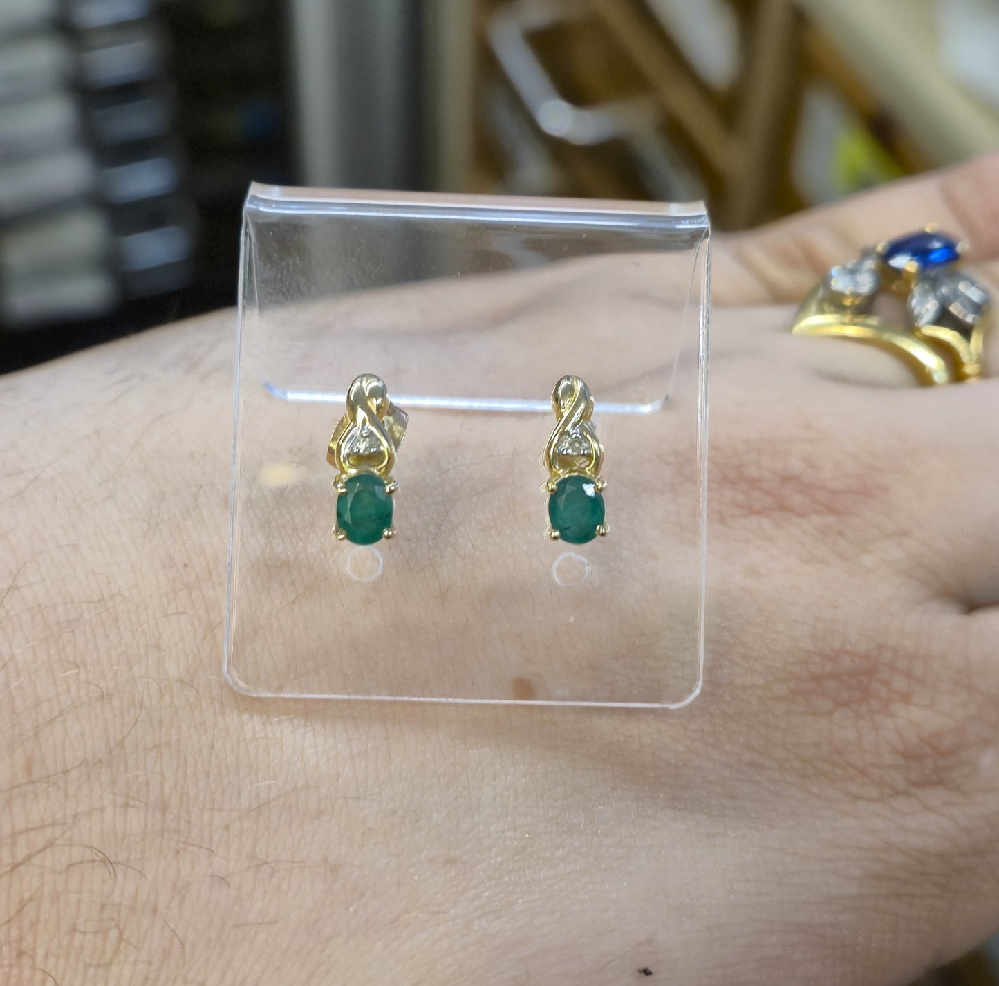 9ct Yellow Gold Emerald and Diamond Stud Earrings