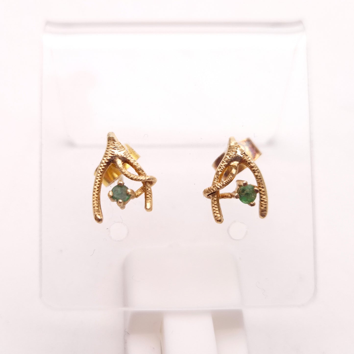 9ct Yellow Gold Emerald Set Wishbone Stud Earrings