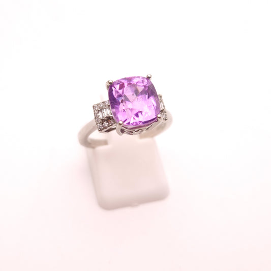 Platinum Kunzite Solitaire and Diamond Multi-Stone Shoulder Ring