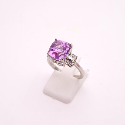 Platinum Kunzite Solitaire and Diamond Multi-Stone Shoulder Ring