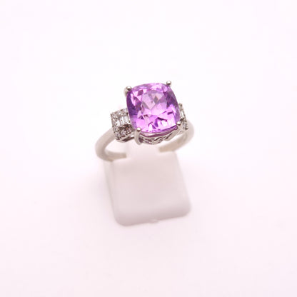 Platinum Kunzite Solitaire and Diamond Multi-Stone Shoulder Ring