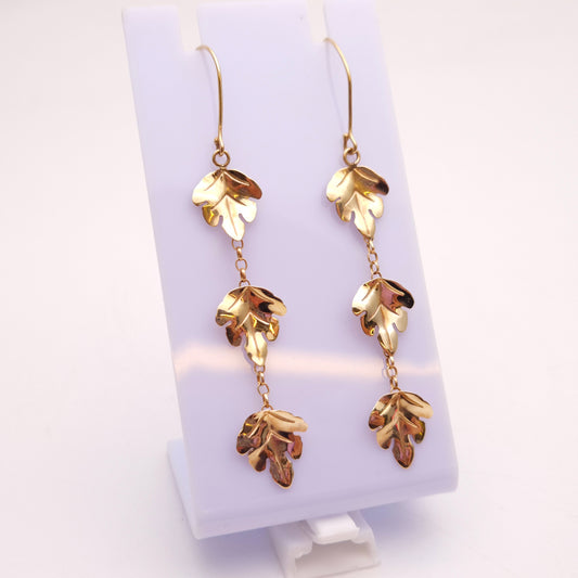9ct Yellow Gold Triple Leaf Dangle / Drop Earrings