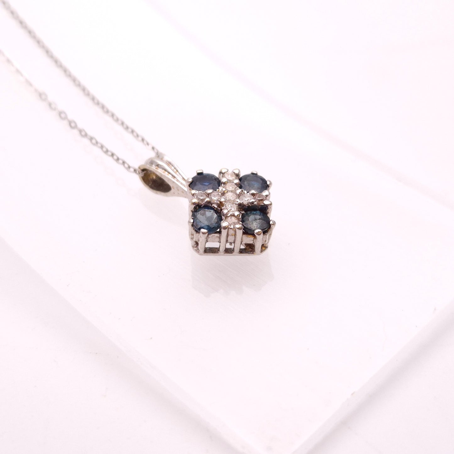 9ct White Gold Sapphire and Diamond Pendant and Chain necklace