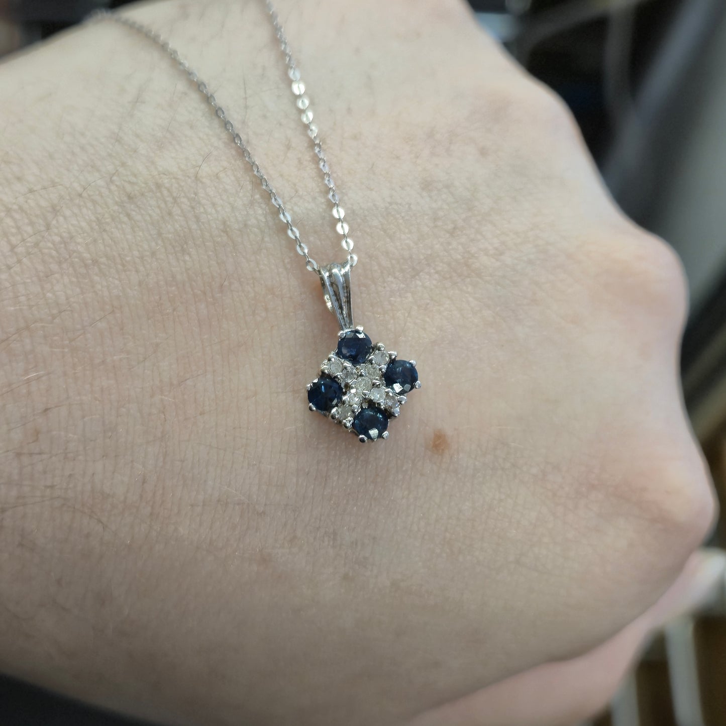 9ct White Gold Sapphire and Diamond Pendant and Chain necklace