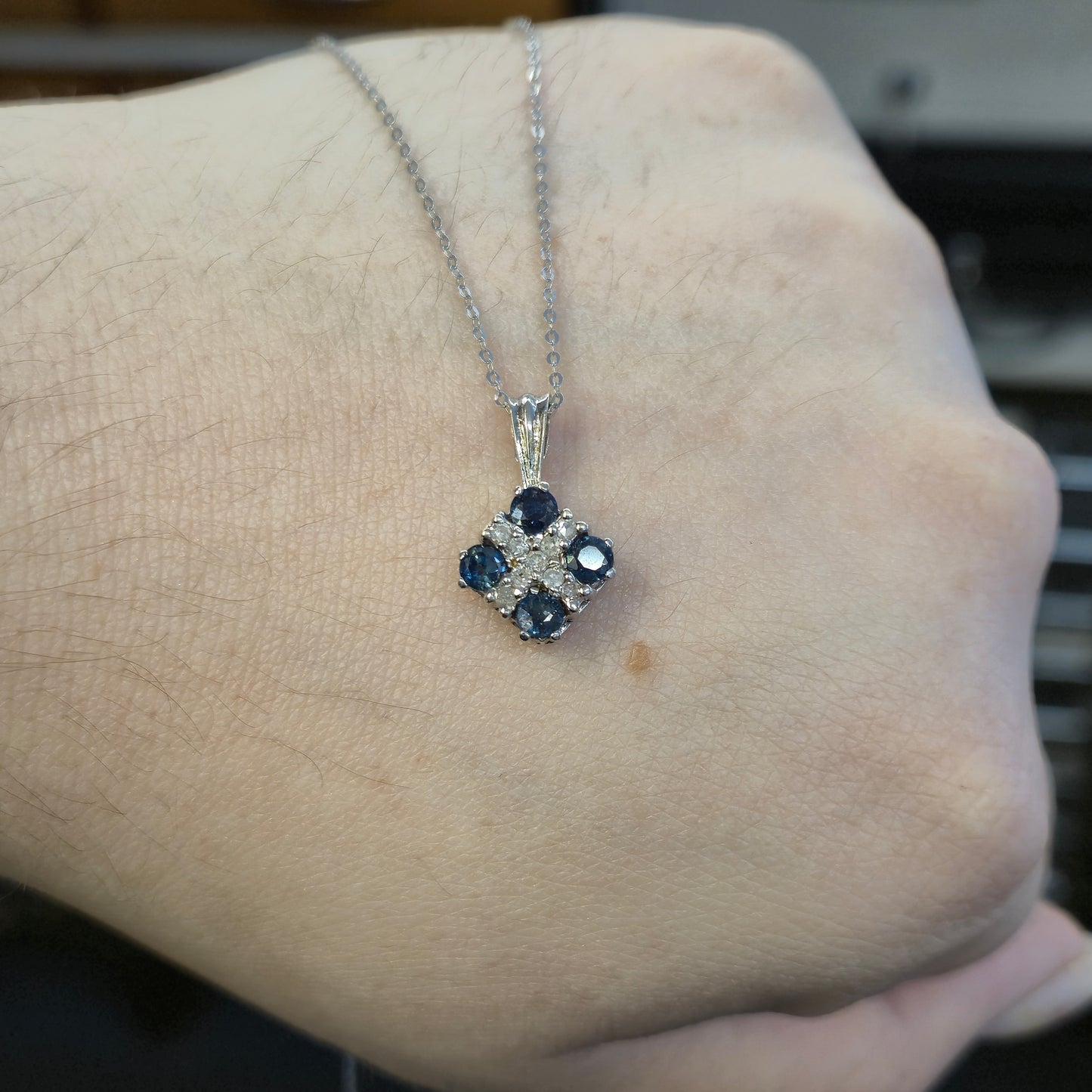 9ct White Gold Sapphire and Diamond Pendant and Chain necklace